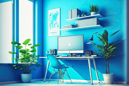 bright home interior blue with desktop and computerの写真素材