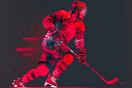 active team sports hockey player in red uniform with ice hockey stick, generative aiの素材