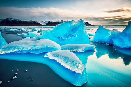 beaful bright blue ice floes lie on sand on iceland beachの写真素材