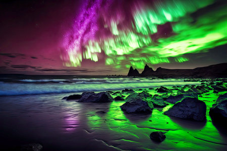 bright purple green flashes of northern lights in sky above iceland beach