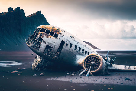 wreckage of crashed plane on sandy shore of iceland beachの写真素材