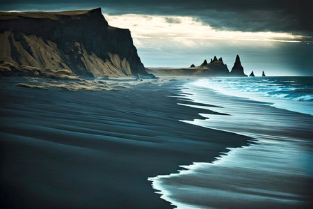 beaful evening landscape of sandy iceland beach and dark sharp cliffs