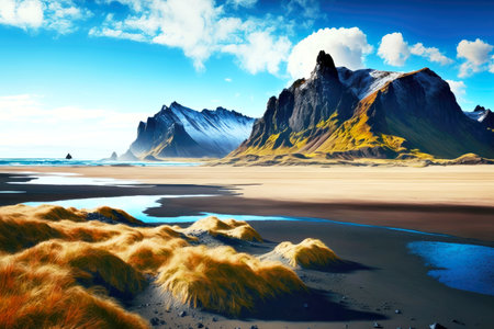 landscape of iceland beach with beaful mountains and hills against background of skyの写真素材