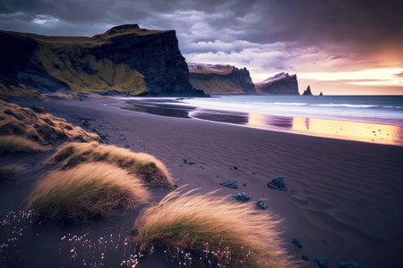picturesque evening landscape of lonely deserted iceland beach