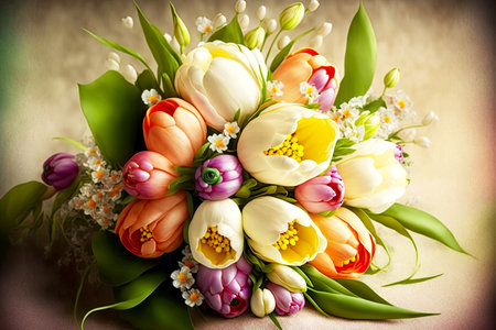 colorful tulips bouquet to decorate wedding or festive ceremonyの写真素材
