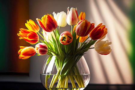 lush tulips bouquet standing in glass vase on table