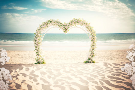 romantic celebration of love wedding arch on beach on sand by seaの写真素材