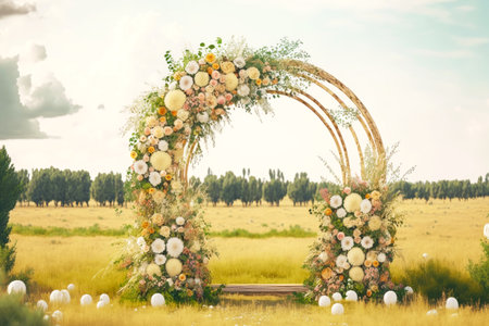 eco-friendly rustic wedding arch with bouquets of flowers on background of fieldの写真素材