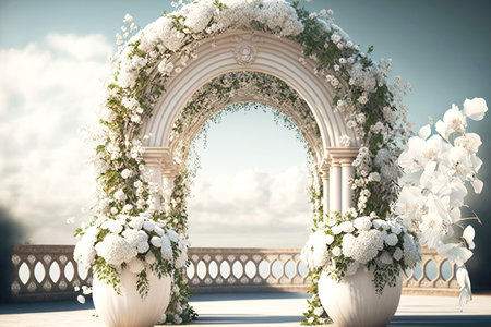 luxurious wedding arch with white flowers beauty and loveの写真素材