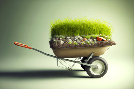 spring planting of grass for lawn wheelbarrow loaded with seedlingsの写真素材