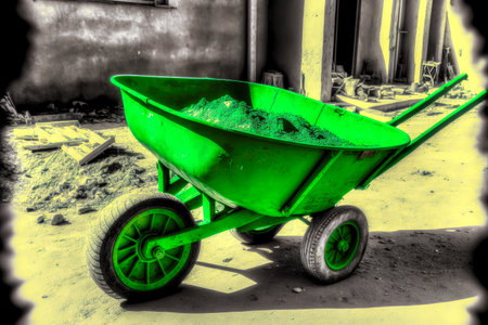working construction green two-wheels wheelbarrow at construction siteの写真素材