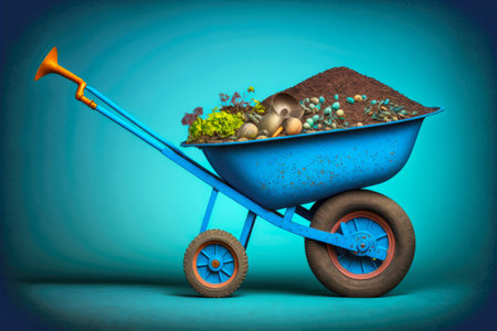 garden blue wheelbarrow with tools and earth on blue backgroundの写真素材