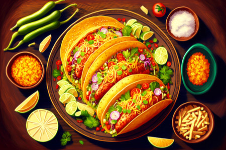 round aetizing tacos mexican cos with fresh vegetables and meatの写真素材