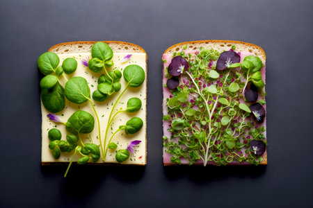 microgreens in healthy food and in salads laid out on breadの写真素材