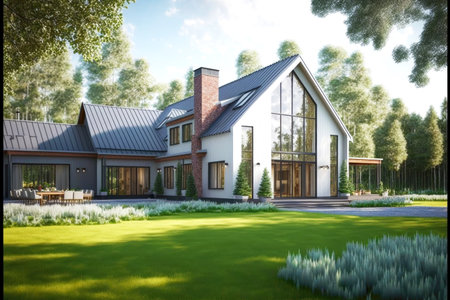 modern house with lawn for country residence for large familyの写真素材