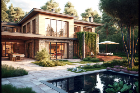 modern house for large family with extensive garden and landscaped courtyard with swimming poolの写真素材