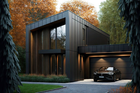modern house with dark finishes and garage on ground floor
