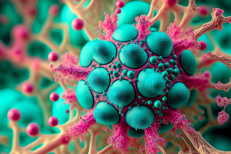 complex microbiological structure of molecule closeup in turquoise pink hue