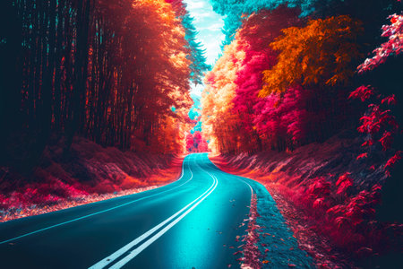 empty road surrounded by colorful treesの写真素材