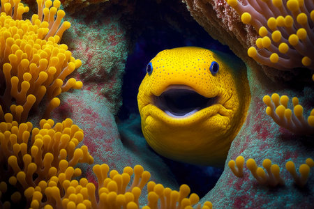 bright yellow moray eel hides in corals that have grown on ocean bottom