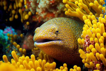 large moray eel with variegated yellow brown skin among corals