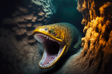 moray eel has opened its mouth wide and is preparing to attack its prey.