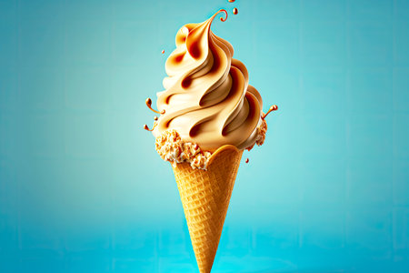 delicate and tasteful most delicious ice cream cone creme brulee on blue background