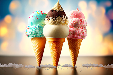 assorted balls of most delicious ice cream cone on blurred background