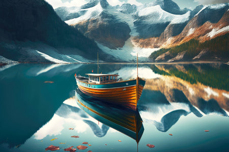 boat floating on smooth crystal surface of mountain lakeの写真素材