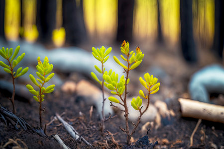 small sprouts of trees making their way out of ground in forest new life after wildfireの写真素材
