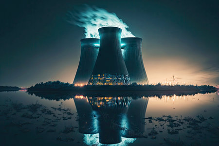 nuclear power plant with nuclear reactor illuminated by lights in middle of night