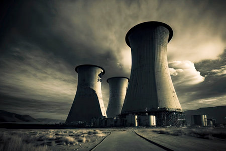 large towers from nuclear reactor standing on territory of nuclear power plant