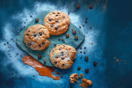 oatmeal cookies with drops of chocolate on blue table