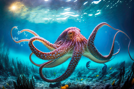 giant octopus sea with powerful tentacles in clear sea waterの写真素材