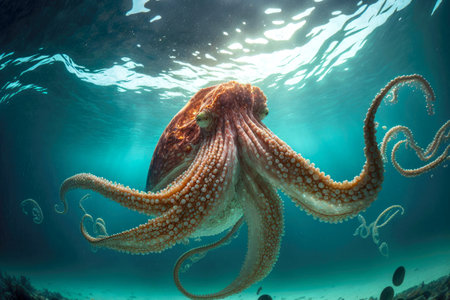 large octopus sea spread its thick tentacles in seawaterの写真素材