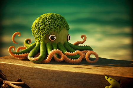 green toy octopus sea with brown tentacles on boardの写真素材