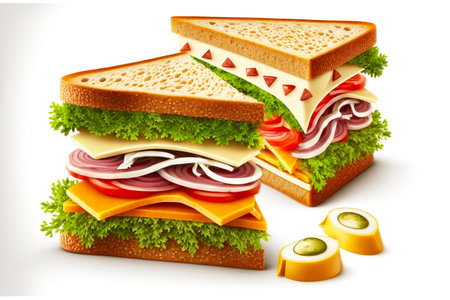sandwich set with cheese, meat and vegetables isolated on white background