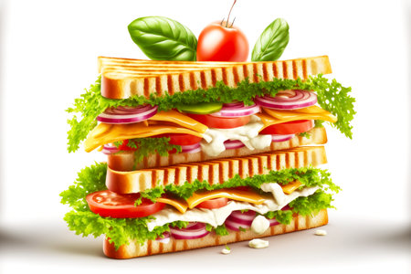 club sandwich with greens, tomatoes, onions and cheese in fast food baguette isolated on white backgroundの写真素材