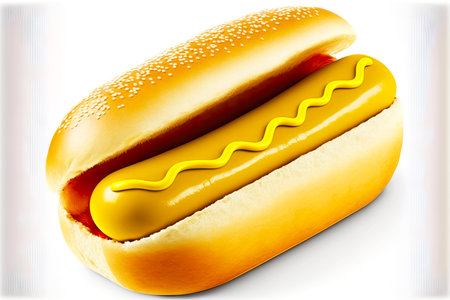 delicious sausage with mustard between soft bun in hot dog isolated on white backgroundの写真素材