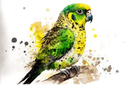 small yellow green wavy parrot on white with black specks