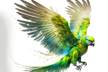 wings of large flying parrot on white with green feathers
