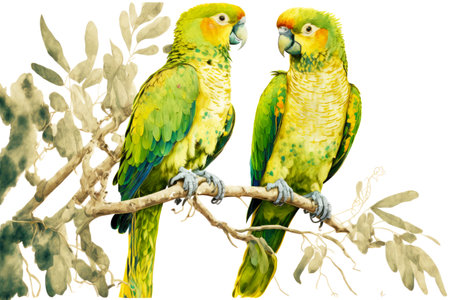 pair of yellow green parrot on white sitting on tree branchの写真素材