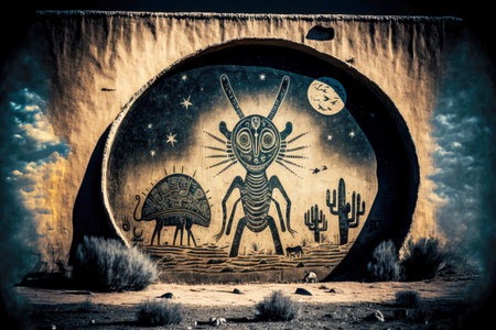 petroglyphic painting with alien ufoの写真素材