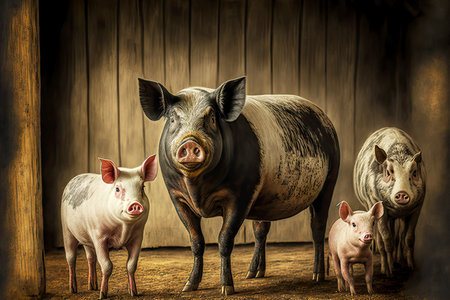 several small and one large pig by barn at pig farmの写真素材