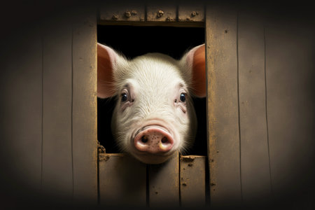 young pig peeks out of cage on pig farm
