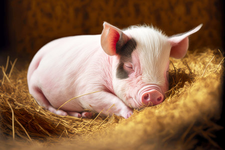 sweetly sleeping side by side on hay piglet with round pink patchesの写真素材