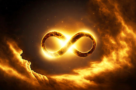 golden sign glowing in sky in form of infinity sign symbolの写真素材