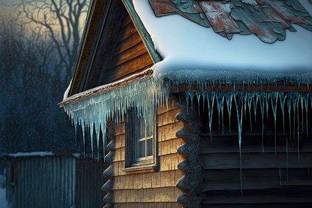 edge of roof of wooden house with icicle on house hanging downの写真素材
