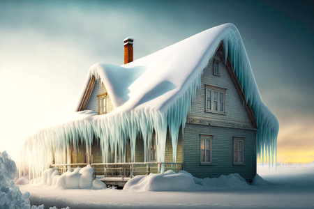 snow lying on roof of house and icicle on house on edgeの写真素材