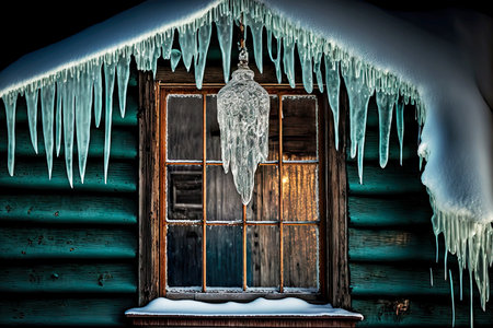 glass window of wooden house with icicle on house hanging downの写真素材